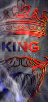 Vibrant king crown with beard wallpaper in red and blue hues on dark gray background.