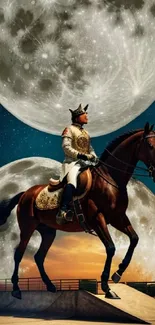 Knight on horseback under two large moons in a surreal fantasy setting.