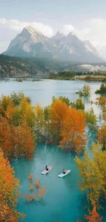 Autumn mountain and lake scenery with kayaks.