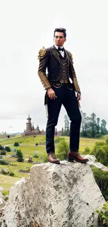 Man in ornate outfit standing on rock with scenic landscape.