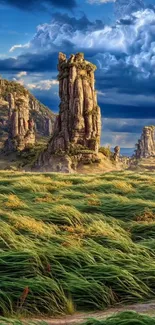 Majestic rock formations with green fields and blue sky.