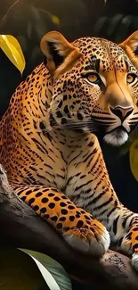 Leopard resting on a branch with green leaves.