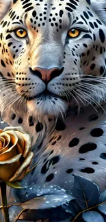 A majestic leopard with bright yellow eyes beside a golden rose.