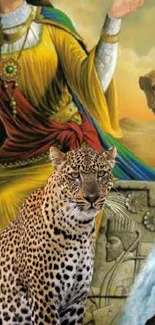 Majestic leopard with ancient art backdrop, vibrant colors.