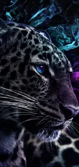 Mystical leopard in neon colors on a dark artistic background.