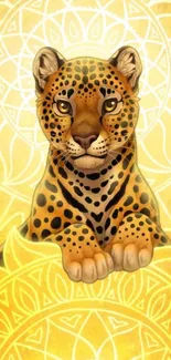 Leopard art with yellow mandala background.