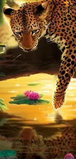 Leopard approaching lily-covered pond in vibrant jungle setting.