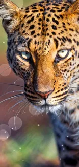 Close-up of a leopard with intense gaze and striking spotted fur.