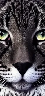 Close-up of a leopard's face with striking green eyes and detailed fur patterns.