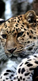 Close-up of a majestic leopard with a striking gaze in its natural habitat.