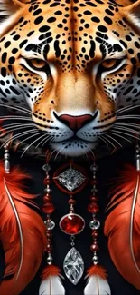 Majestic leopard with dreamcatcher and vibrant feathers in artistic wallpaper.