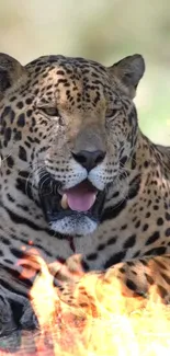 Leopard resting with a fiery background.