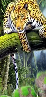 Leopard resting on a tree in a lush green jungle forest.