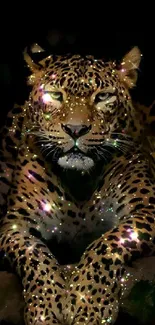 Majestic leopard with glitter effect in a dark, artistic wallpaper design.