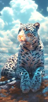 Leopard under a vibrant blue sky with fluffy clouds.