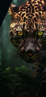 Leopard intently gazing in dense jungle foliage background.