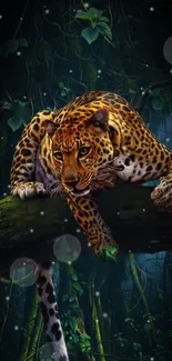 Majestic leopard laying on a jungle branch with a deep green forest background.