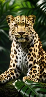 Leopard in lush jungle setting with vibrant green leaves.