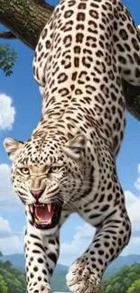 Leopard descending from tree in jungle.