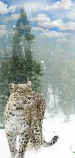 Majestic leopard walking through a snowy forest with falling snowflakes.