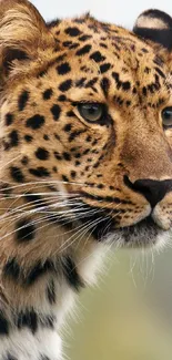 Close-up of a leopard's face with striking spots on a mobile wallpaper.