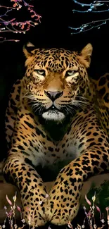 Leopard resting elegantly against a dark background with artistic touches.