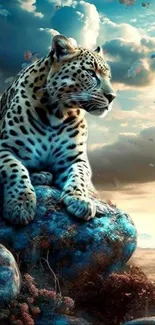 A majestic leopard resting on colorful blue rocks in a vibrant nature scene.