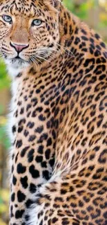 Majestic leopard with striking spots against a green leafy backdrop.