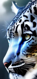 Majestic leopard with piercing gaze, featuring blue accents on a mobile wallpaper.