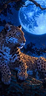 Leopard rests under a bright full moon in a serene nighttime jungle setting.
