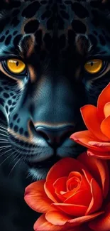 Majestic leopard with red roses in an artistic mobile wallpaper.