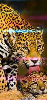 Leopard licking cub in vibrant wildlife wallpaper.