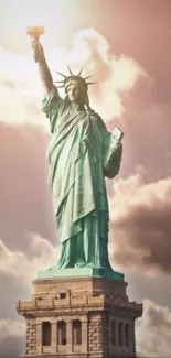 Statue of Liberty with a dramatic sky backdrop.