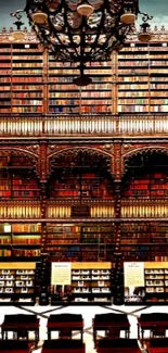 Majestic library with towering bookshelves and ornate design for mobile wallpaper.