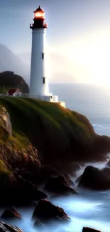 Scenic lighthouse by the ocean at dawn, surrounded by misty seascape.