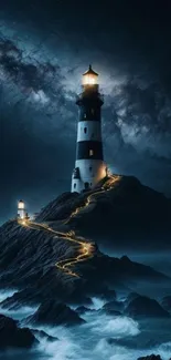 Lighthouse standing under a cloudy, starry night sky with ocean waves below.