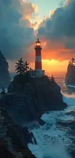 Lighthouse on rocky coast at sunset with waves