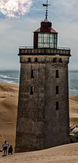 Lighthouse with ocean backdrop and fireworks in the sky.