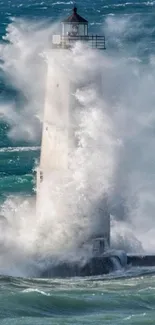 Majestic lighthouse with ocean waves crashing.