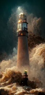 Lighthouse stands firmly in stormy sea waves under a dark, dramatic sky.