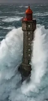 Lighthouse stands strong amid crashing waves.