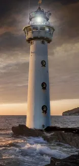 Lighthouse glowing at sunset over ocean waves and rocky shore.