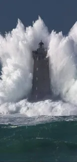 Lighthouse engulfed by dramatic ocean waves.