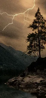 Lone tree silhouetted against lightning in a stormy scenic landscape.