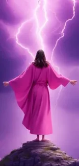 Figure in pink robe on cliff under purple lightning sky.