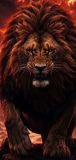Majestic lion against a fiery sky, exuding power and fierceness.