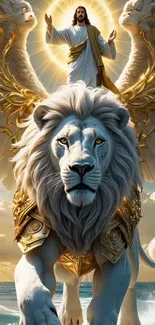 Fantasy artwork of angelic figure on a lion.