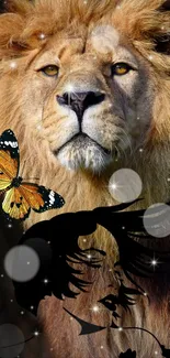 Majestic lion with butterfly and artistic elements on a mobile wallpaper.