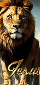 A majestic lion with a golden mane beside a cross, symbolizing strength and faith.