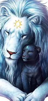 A majestic lion and cub in blue hues, perfect for mobile wallpaper.